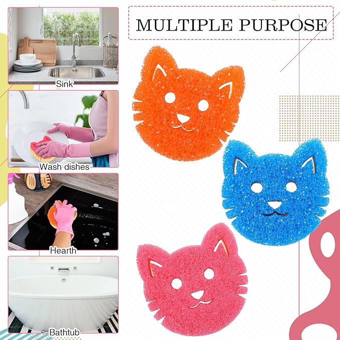 3 Pcs Dual Sided Scrub Sponge Multi Functional Cute Temperature Sensitive Non Scratch Dish Sponge for Washing Dishes Kitchen Bathroom(Cat)