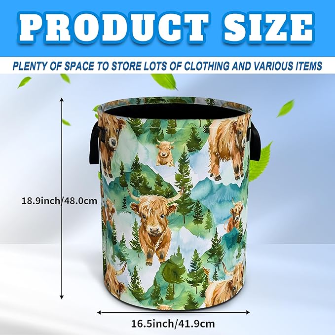 Highland Cattle Laundry Basket Grassland Oxford Cloth Laundry Hamper With Handle Foldable Portable Clothes Storage Basket 18.9 X 16.5 In Storage Bag For Laundry Room/Bathroom/Bedroom/Dormitories