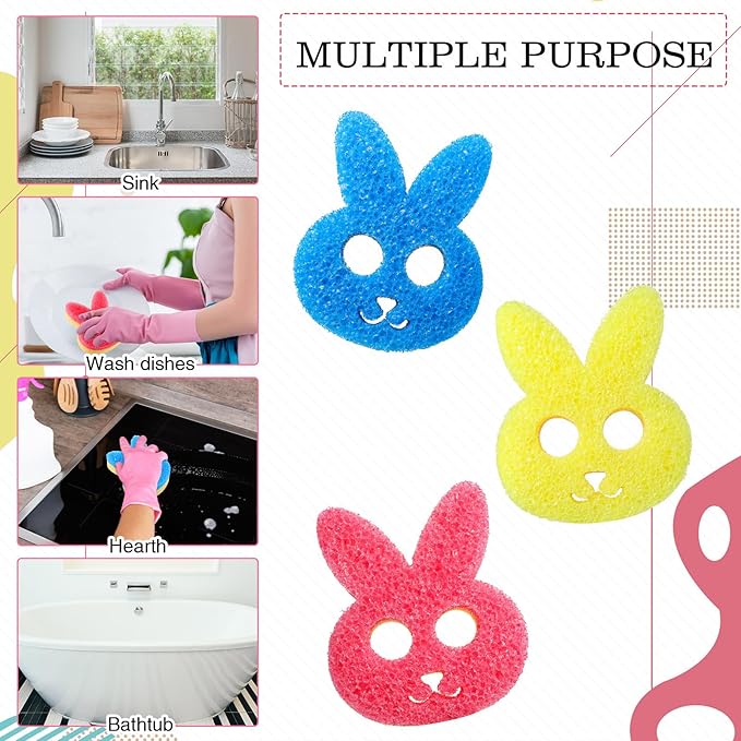 3 Pcs Dual Sided Scrub Sponge Multi Functional Cute Temperature Sensitive Non Scratch Dish Sponge for Washing Dishes Kitchen Bathroom(Rabbit)