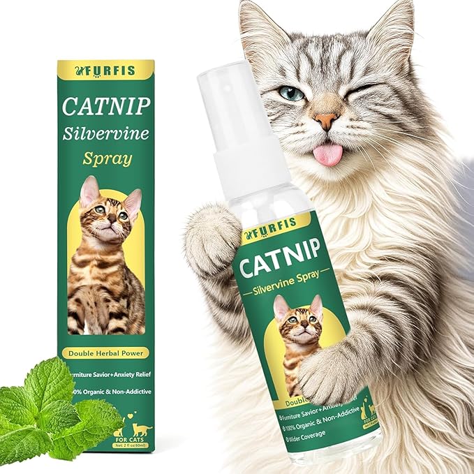 Organic Catnip & Silvervine Spray for Cats - 100% Natural Double Plant Power to Boost Play, Calm Stress & Renew Toys, Scratchers for Indoor Kittens (2 Fl Oz)