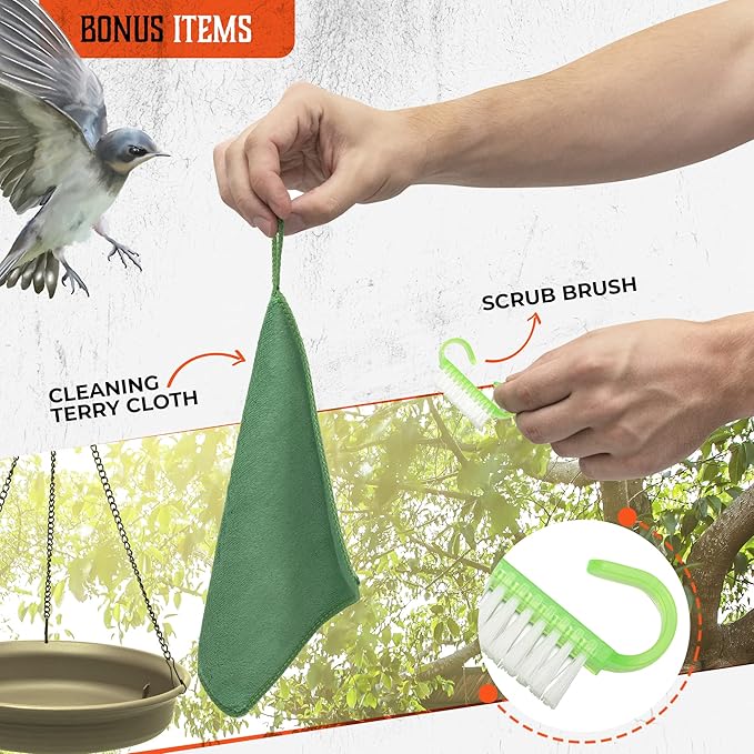 Magerdy Fields 12 Inch Hanging Bird Bath for Outside - 3 Chains with an S Hook - Microfiber Cleaning Cloth and Brush - Hanging Bird Feeder, Plastic birdbaths Bowl for Outdoors, Backyard Birding