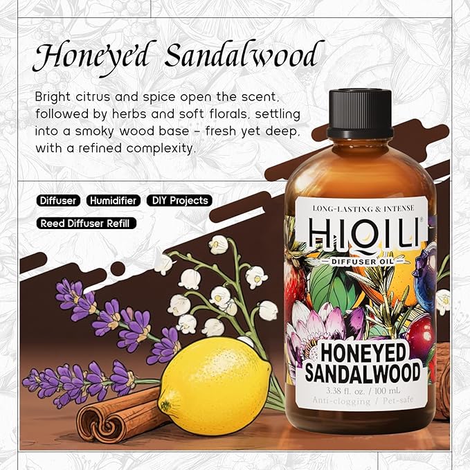 HIQILI Diffuser Oil for Humidifier & Reed Diffusers, Suitable for Home and Other Scenarios, Long Lasting Scent - Honeyed Sandalwood, 3.38 Fl Oz