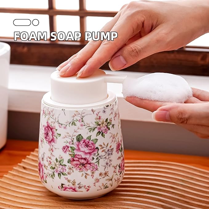 Soap Dispenser, Ceramic Foaming Soap Dispenser with Easy-to-Press Pump for Bathroom (Flowers Foam Dispenser)