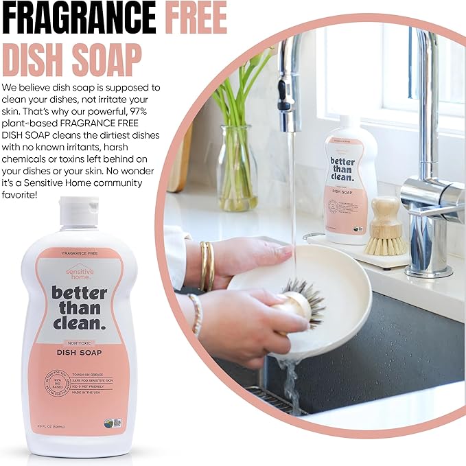 Fragrance Free 2-Pack Dish Soap – 97% Plant-Based, Hypoallergenic, Non-Toxic, Cuts Grease & Food Residue – Dishwashing Liquid with No Fragrance, Dyes or Harsh Chemicals – EWG A Rated