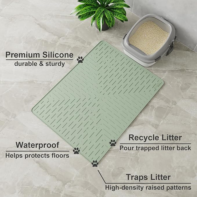 OHMO Cat Litter Mat Large Trapping Mat Premium Silicone Rubber 31.5x23.6 Sage Green, Waterproof and BPA Free Kitty Litter Box Mat, Easy to Clean and Keeps The Floor Tidy