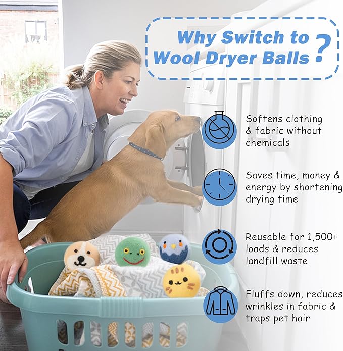 Wool Dryer Balls XL Size 6 Pack - Fun Dryer Balls with Animal Faces Handmade New Zealand Wool Balls for Dryer Cute Dryer Balls Laundry Reusable Anti Static Natural Fabric Softener