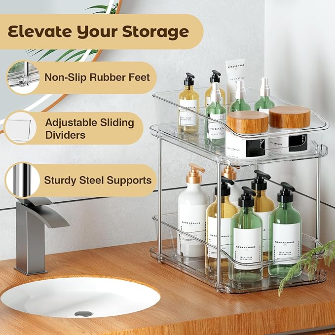 2 Tier Pull-Out Organizer for Bathroom Kitchen, Under Sink Storage with Dividers, Ideal for Cabinet, Cupboard Organization, Slide-Out Clear Storage, 1 Pack
