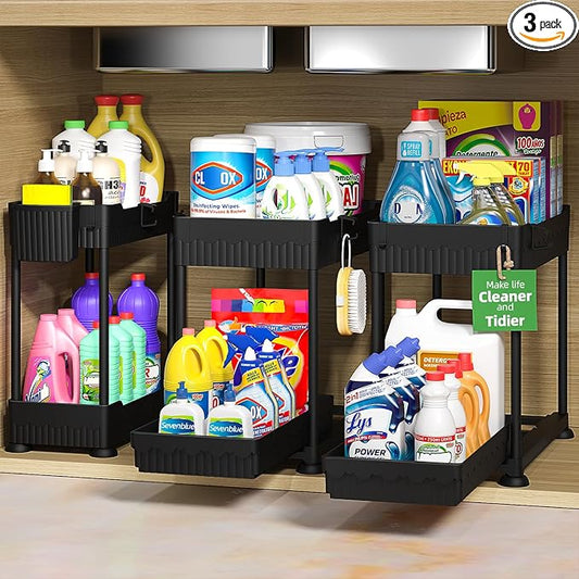 3 Pack Under Sink Organizers, 2-Tier Multi-Use Kitchen and Bathroom Organizers and Storage with Sliding Drawers，Bathroom Cabinet Organizer (Black, 14.8 Inch)