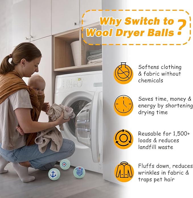 Wool Dryer Balls XL Size 6 Pack - Fun Dryer Balls with Ocean Pattern Cute Dryer Balls Laundry Reusable Anti Static Handmade New Zealand Wool Balls (Nautical Pattern)