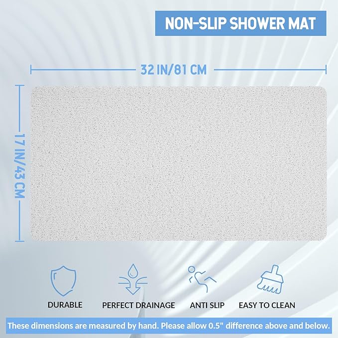 Non-Slip Bathtub Mat, Anti Slip Shower Mat, Fast Drying Bathtub Mats, Foot Scrubber Mat, Anti Slip Mat for Tub, Floor, Bathroom, Kitchen, Home, Hotel (White 32"×17")