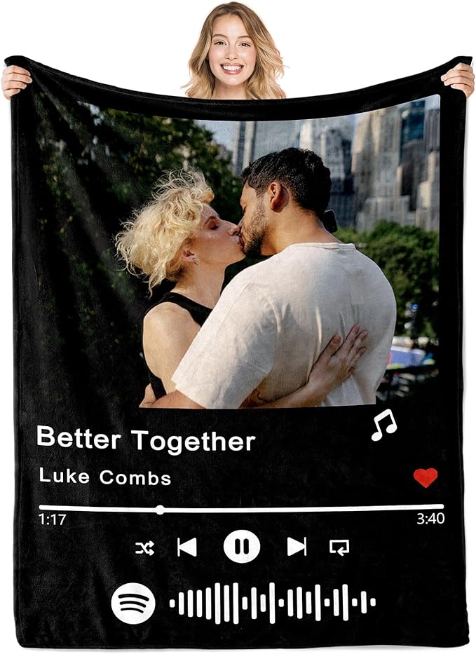 Ships Next Day Personalized Spotify Code Music Blanket for Her/Him Custom Thows Blanket with Photo Customize Valentine Day Anniversary Birthday Gift for Mom Dad Couple Printed in USA