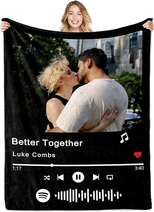 Ships Next Day Personalized Spotify Code Music Blanket for Her/Him Custom Thows Blanket with Photo Customize Valentine Day Anniversary Birthday Gift for Mom Dad Couple Printed in USA