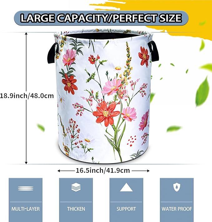 Beautiful Flowers Laundry Basket Pink Red Floral Foldable Oxford Cloth Funny Tote Bag Laundry Hamper Clothes Storage Bucket Toy Organizer For Bathroom/Laundry Storage/Bedroom 18.9x16.5 Inch