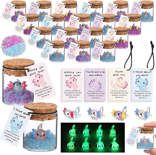 20 Sets Employee Appreciation Gifts Bulk Support Inspirational Mini Luminous Axolotl Cards with Glass Bottle for Christmas Teacher Students Gift Classroom Party Favors