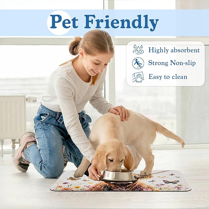 Highland Cow Butterfly Dog Food Mat–Absorbent Quick Dry Feeding Placemat for Food and Water Bowls, Non Slip Rubber Backing, Waterproof Pet Supplies for Mess-Free Eating 16"x24"