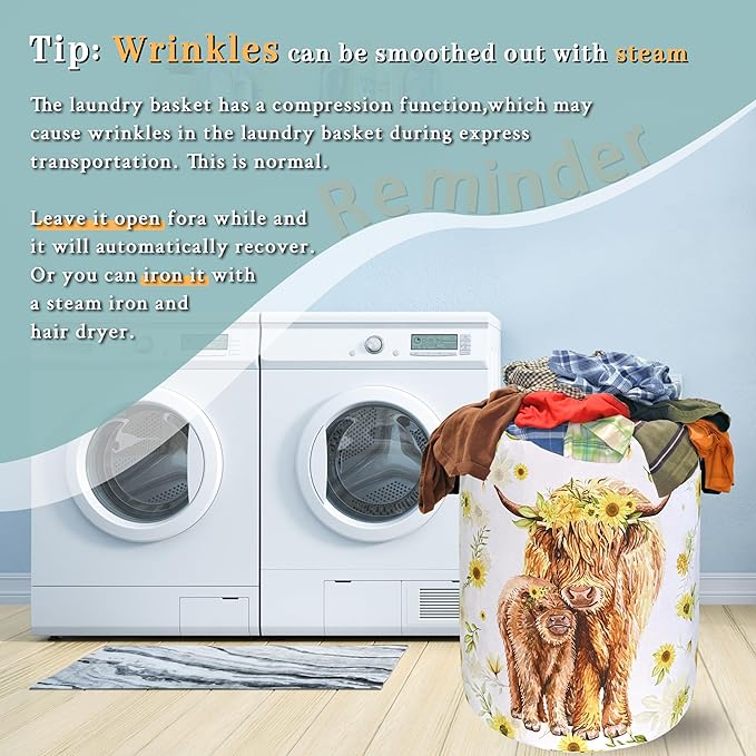 Highland Cow Laundry Hamper Sunflower Flowers Laundry Basket With Handles Foldable Oxford Cloth Colorful Tote Bag Clothes Toy Storage Bucket 8.9" x 16.5" For Bathroom/Laundry/Bedroom