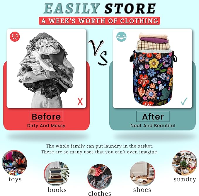 Abstract Colorful Flowers Laundry Hamper Pretty Floral Laundry Basket With Handles Foldable Oxford Cloth Tote Bag Clothes Toy Storage Bucket 18.9" x 16.5" For Bathroom/Laundry/Bedroom