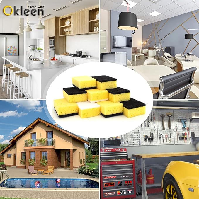 Yellow Multi Use Scrub Sponge. Made in Europe. Large Pack of 18. 4.3x2.8x1.4 inches. Black Heavy Duty & White Non Scratch Fiber. Best Odorless & Durable Professional Scrubber for Commercial Use