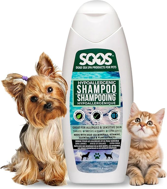 Soos Pet Dog Shampoo for Cats and Pets Hypoaller-genic Natural Dead Sea Minerals Fast Absorbing with Vitamins Essential Oils Natural Elements Antiba-cterial - 1x Pet Shampoo (500ml)