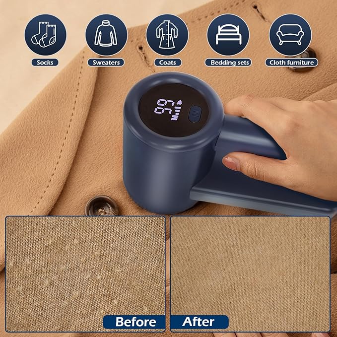 iRUNTEK Rechargeable Fabric Shaver & Lint Remover｜3-Speed Lint Shaver with LED Display & Large Lint Bin｜Sweater Shavers to Remove Pilling｜Eliminates Fuzz & Pilling from Clothes Couch Furniture, Navy