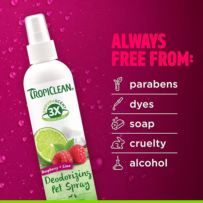 TropiClean Dog Perfume, Long Lasting Raspberry Lime Cologne, Deodorizing Spray for Smelly Dogs, After Bath Detangling Spray, Safe for Cats, 8oz.