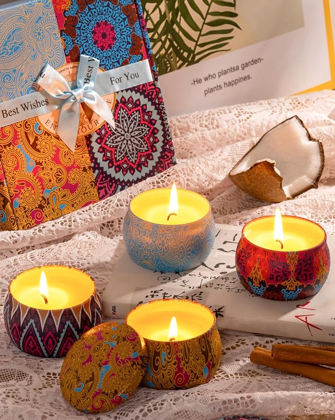 Scented Candles Gifts Set, 4 Pack Aromatherapy Candles for Home Scented, Stress Relief Gifts for Women, 120 H Lasting Burn Natural Soy Wax Candle for Birthday Valentine Mother's Christmas Day