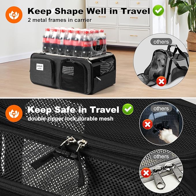 19x13x9 TSA Approved top Expandable pet Carrier for Small Dog Puppy cat up to 10 lbs Weight and 18'' Length, for Southwest Spirit Canada Airlines(Black)