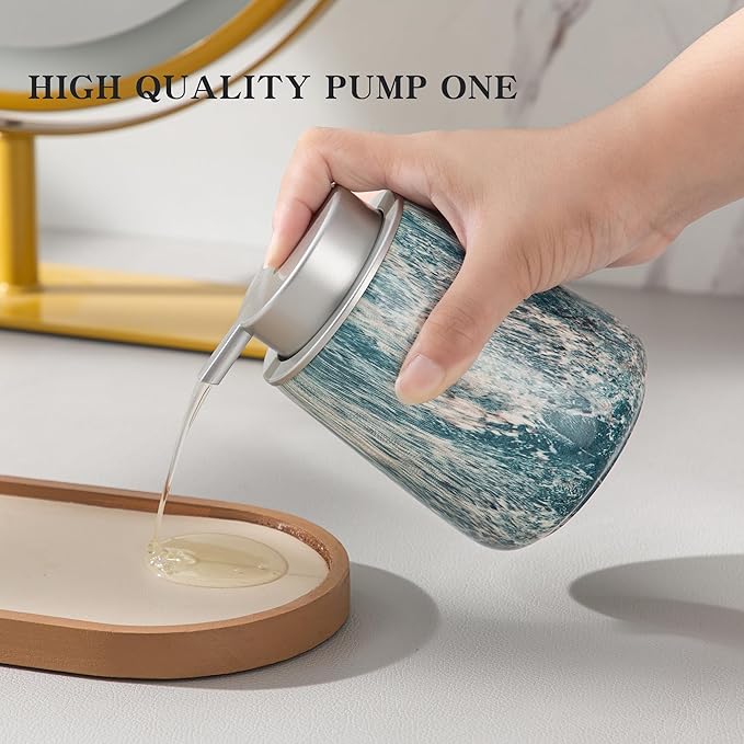 Enra Ceramic Hand Soap Dispenser,12 oz Blue Lotion Dispenser Bathroom Liquid Refillable Dish Soap Dispenser for Bathroom Kitchen with Easy-to-Press Silver Pump (Blue Liquid Type)