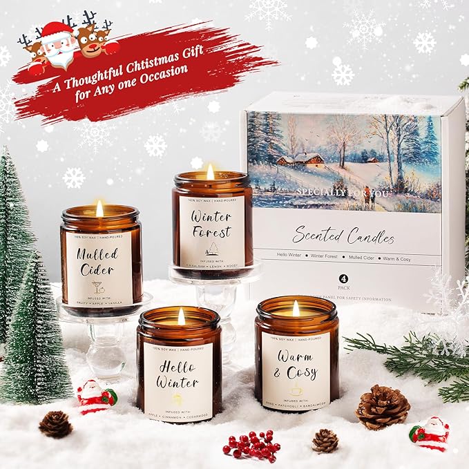 Christmas Scented Candle Gift Set for Women – 4 Pack Winter Soy Candles with Apple Cinnamon, Fir Balsam, Mulled Cider, Sandalwood – Holiday Gifts for Her, Home Décor