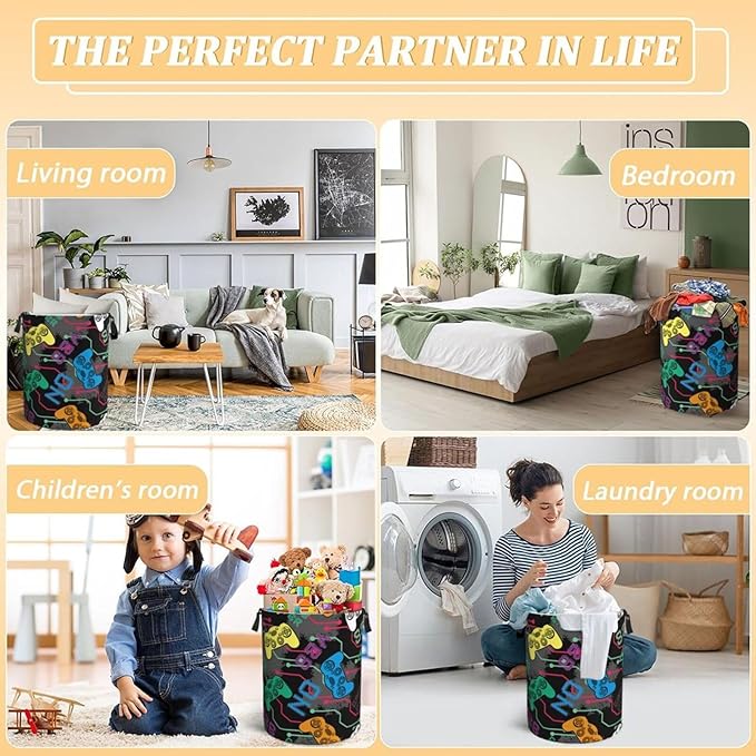 Colorful Game Joysticks Laundry Hamper Bag, Video Game Controller Background Round Laundry Basket Foldable Clothes Storage Organizer For Bathroom Bedroom Nursery Dorm, S-16.5"X 13.8"