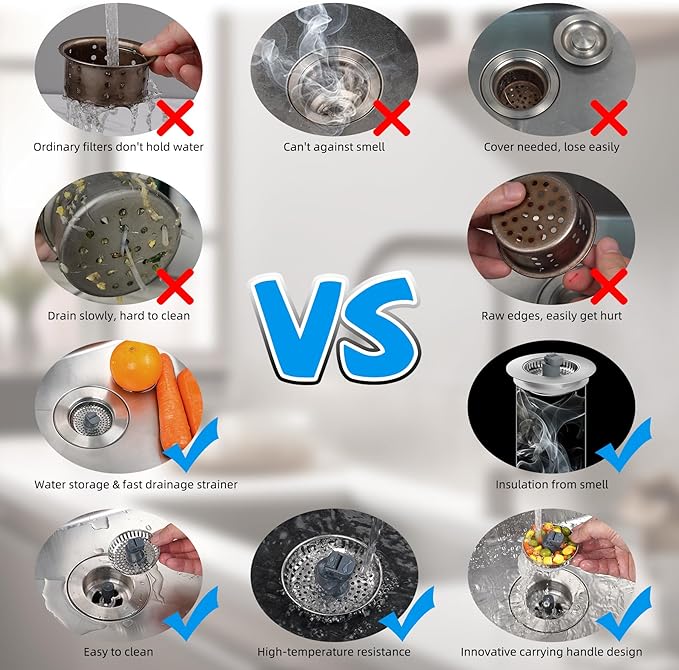 Hibbent 3 in 1 Kitchen Sink Drain Strainer, Stainless Steel Drain Stopper Combo, Pop Up Sink Stopper, Anti-Clogging Metal Basket Strainer with Handle for US Standard 3-1/2" Drain