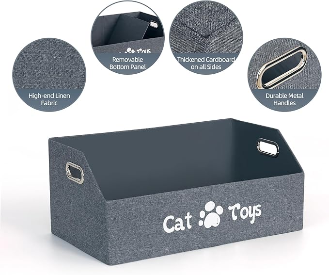 Cat Toy Basket, Kitten Toys Storage Organizer Foldable Fabric Bin Pet Supplies Chest Holder Trapezoid Container with Metal Handles for Organizing Cats Clothes Accessories, Deep Gray