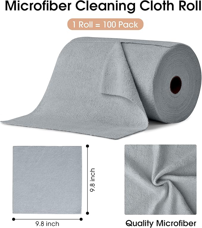 KitchLife Microfiber Cleaning Cloth Roll, 100 Pack - Tear-Away Microfiber Paper Towels, Lint-Free, Reusable, Washable for Kitchen, Car, Dishes, and Sensitive Surfaces (Grey)