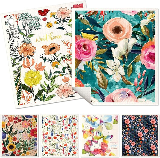 6 Pack Swedish Dishcloths for Kitchen - Reusable Dish Cloths for Washing Dishes Absorbent Cute Funny Kitchen Towels Cleaning Sponge, Floral Bird