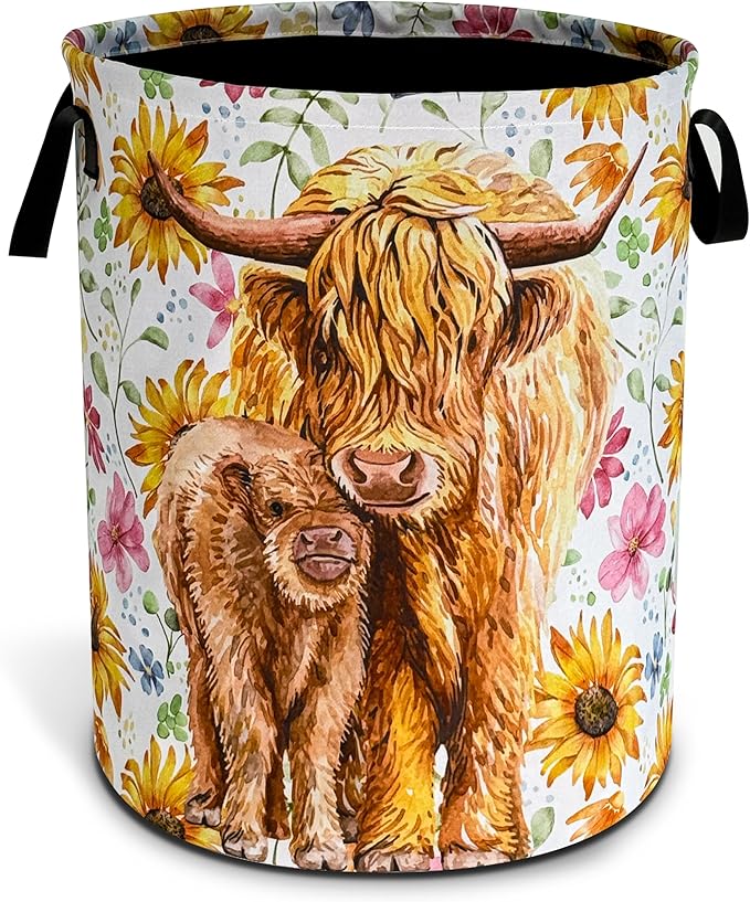 Highland Cow Laundry Basket Beautiful Flowers Foldable Oxford Cloth Funny Tote Bag Laundry Hamper Clothes Storage Bucket Toy Organizer For Bathroom/Laundry Storage/Bedroom 18.9x16.5 Inch