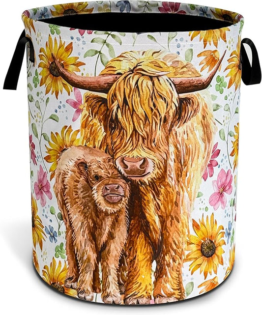 Highland Cow Laundry Basket Beautiful Flowers Foldable Oxford Cloth Funny Tote Bag Laundry Hamper Clothes Storage Bucket Toy Organizer For Bathroom/Laundry Storage/Bedroom 18.9x16.5 Inch