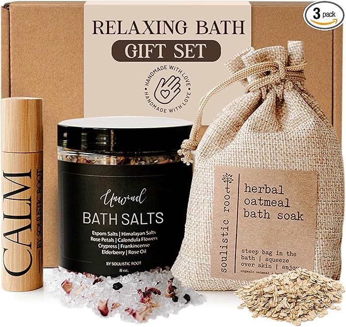 Soulistic Root Revitalizing Bath Set – Wellness Products with Tranquil Essential Oil Roller, Oatmeal Lavender Soak, Epsom Salts with Essential Oils, Ready-to-Gift Premium Box, Ideal Holiday Spa Gift