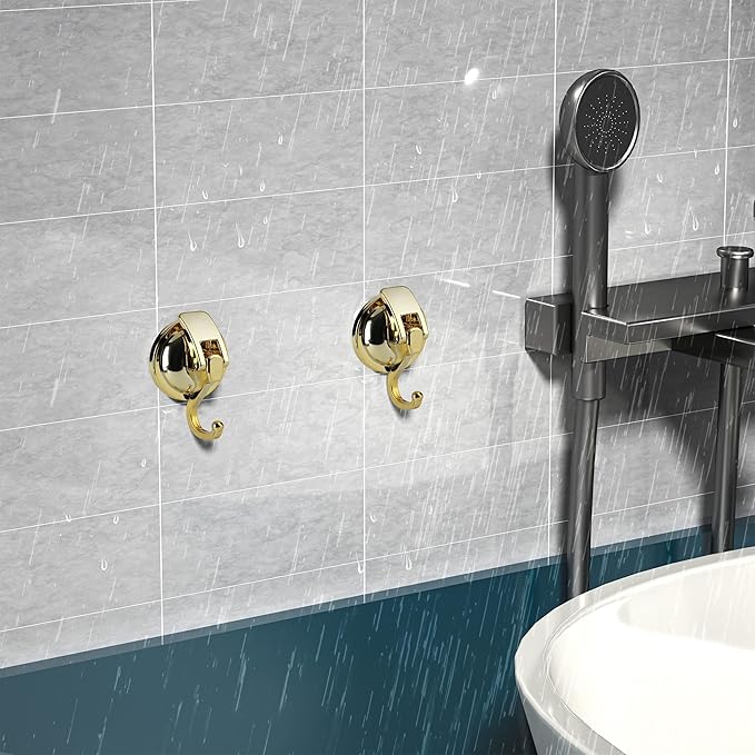 Heavy Duty Vacuum Suction Cup Hooks, Gold Plated Polished Super Suction for Kitchen Bathroom, 2 Pack
