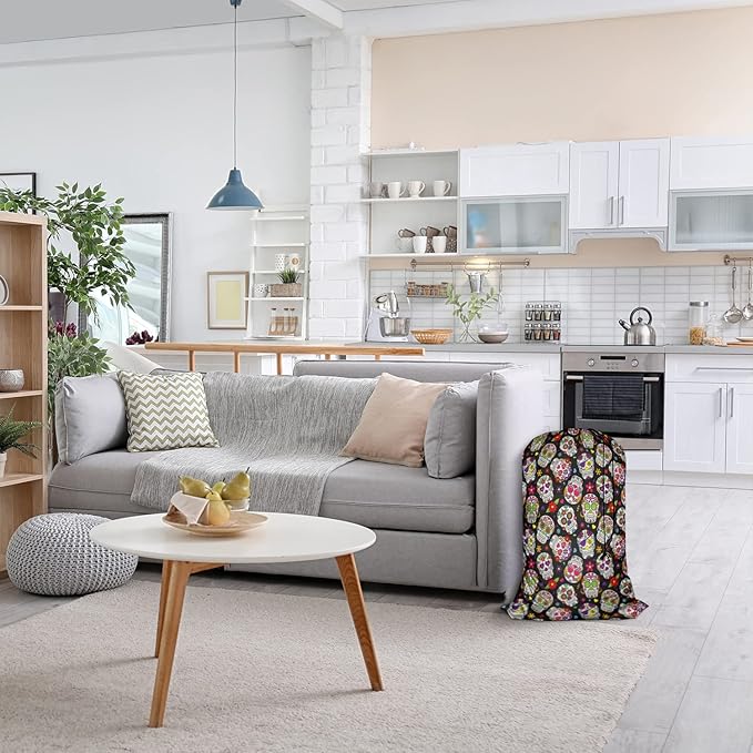 Swono Sugar Skull Drawstring Closure Dirty Clothes Bag Organizer, Heavy Duty Large Laundry Bag, Day Of The Dead Mexican Skeleton Floral Rip-Stop Bags for Camp Travel, Machine Washable, Spooky