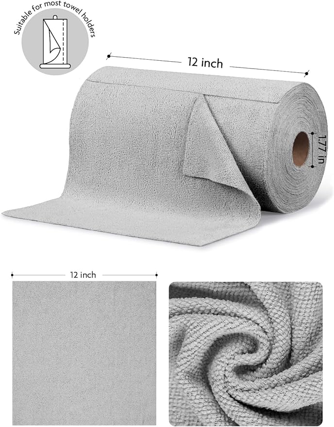 Fantasticlean Microfiber Cleaning Cloth Roll -675 Pack, Tear Away Microfiber Towels, 12" x 12", Reusable, Washable, Ultra Absorbent Dishcloth for Home Supplies, Car, Shop (9 Rolls of Grey)