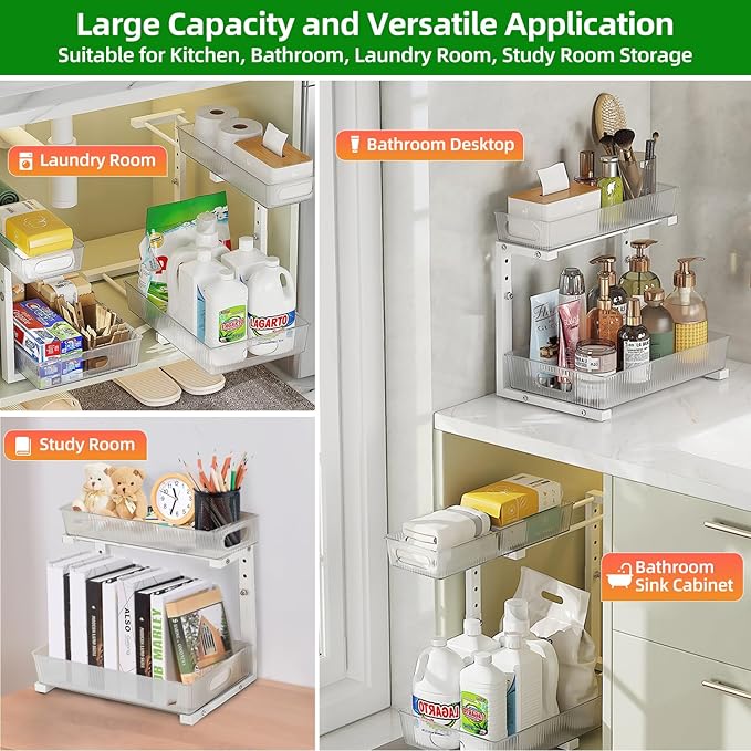 2 Pack Under Sink Organizer, Pull Out Cabinet Organizer 2 Tier Slide Out, Under Sink Organizers and Storage Height Adjustable for Kitchen Bathroom Cabinet, Metal
