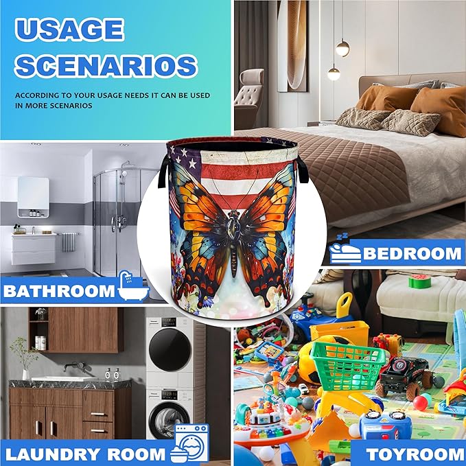 Vintage American Flag Butterfly Laundry Basket Flowers Oxford Cloth Laundry Hamper With Handle Foldable Portable Clothes Storage Basket 18.9 X 16.5 Inch Storage Bag For Laundry Room/Bathroom/Bedroom