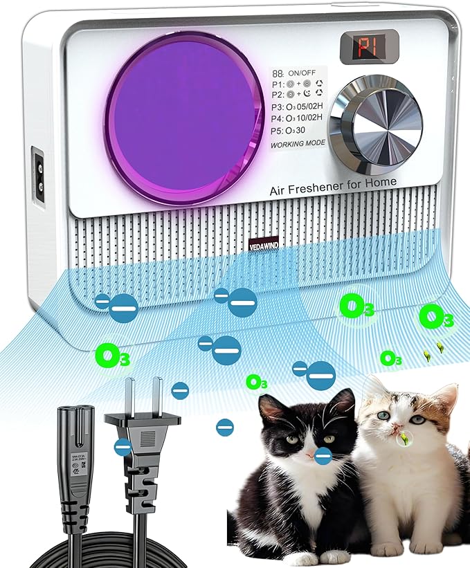 3-in-1 Air Purifier, Cat Litter Deodorizer, Air Freshener for Home with Ozone, Ionizer, U Light – Reduce Pets Poof Odor, Litter Smell, Smoke, Dust,Plug-in to Use