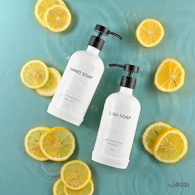 Soap Dispenser Set with Non-Slip Protective Silicone Pad, Hand Soap Dispenser for Bathroom and Kitchen Decor, White and Black Accessories (White Bottles + Black Pumps)