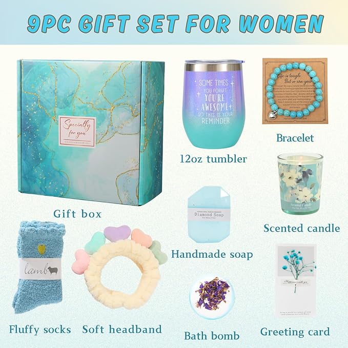 Get Well Gifts for Women, 9pc Happy Birthday Self Care Package Spa Bath Blue Gift Box for Women Who Have Everything New Mom Girl Grandma Coworkers Mother Christmas