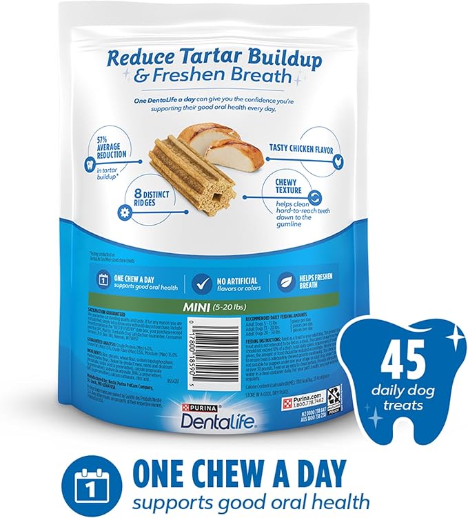 DentaLife Daily Oral Care Dog Treats for Small Dogs 5-20 lbs., Chewy Dental Treat to Freshen Breath and Fight Tartar, Chicken Flavor, 14.7 oz. each, 45 Chews each/90 Total Chews - 45 ct. Pouch