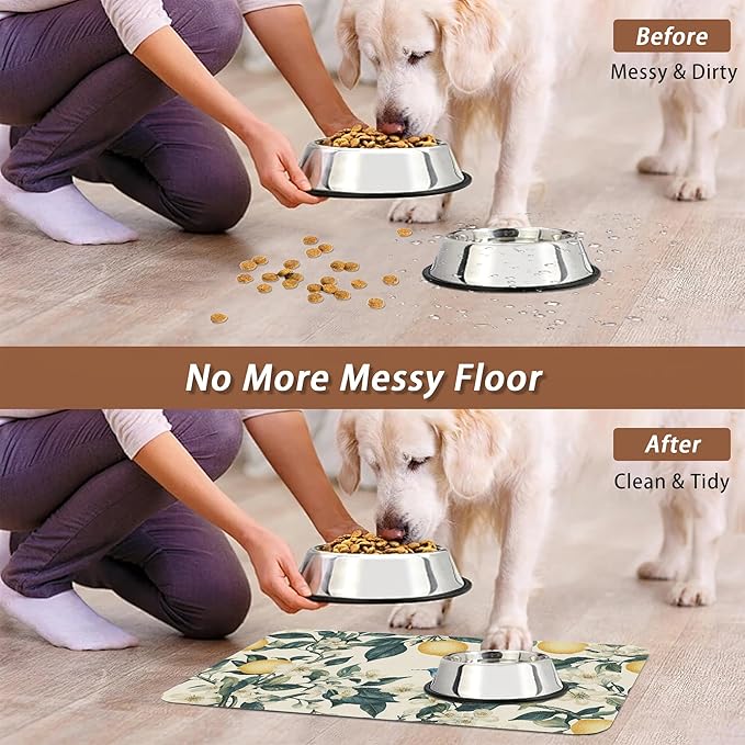 Hummingbird Dog Food Mat for Floors,Vintage Lemon Absorbent Quick-Dry Pet Feeding Mat,Cat Dog Bowl Mats for Food and Water,Non-Slip Pet Accessories Supplies 16"x24"