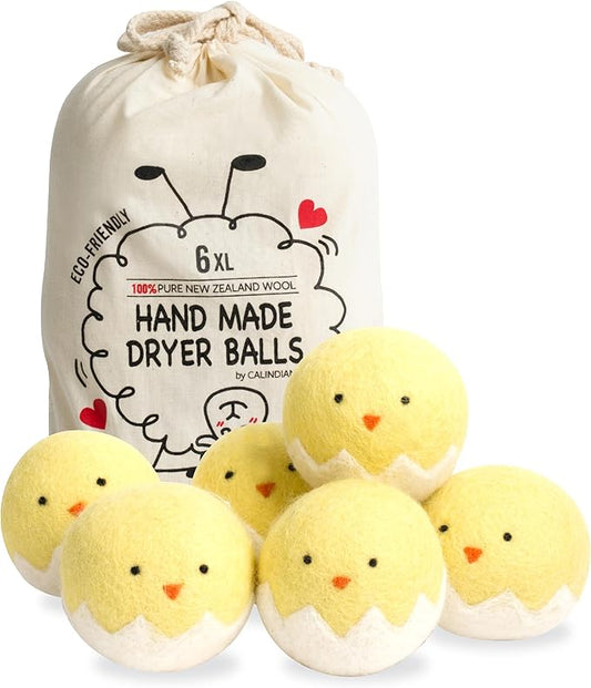 Calindiana 100% Organic Premium New Zealand Wool Dryer Balls Laundry Reusable Fabric Softener, Cute Dryer Sheets Alternative, Anti Static XL Size 6 Pack, Yellow Chick