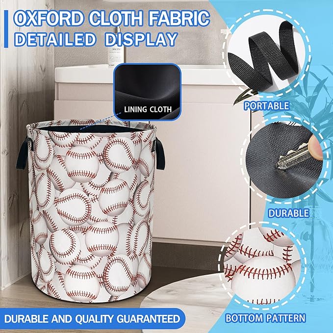 Baseball Laundry Basket Ball Oxford Cloth Laundry Hamper With Handle Foldable Portable Clothes Storage Basket 18.9 X 16.5 In Storage Bag For Laundry Room/Bathroom/Bedroom/Dormitories
