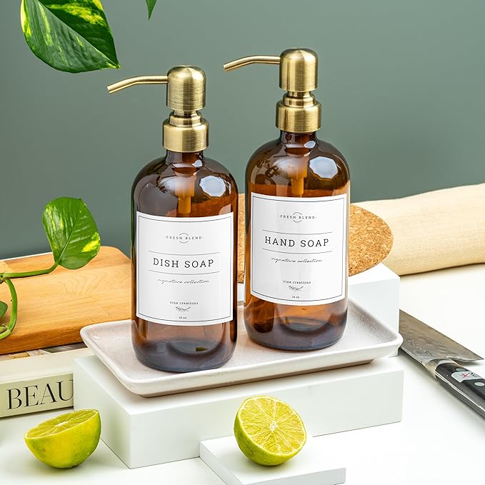Vine Creations Amber Glass Soap Dispenser, 2 Pack Kitchen Soap Dispenser Set with Ceramic Tray, Stainless Steel Pump, Dish Soap and Hand Soap Dispensers for Bathroom Decor with Waterproof Labels